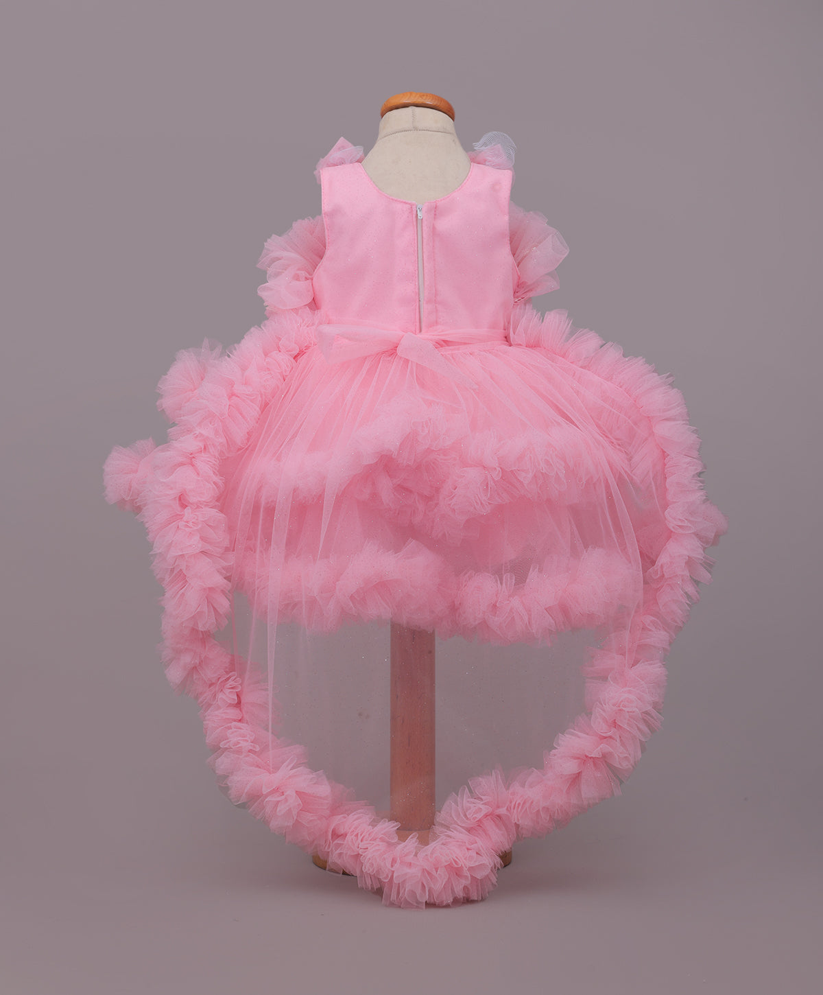 Enfance Sleeveless Floral Applique Detailed Ruffle Net Dress - Peach