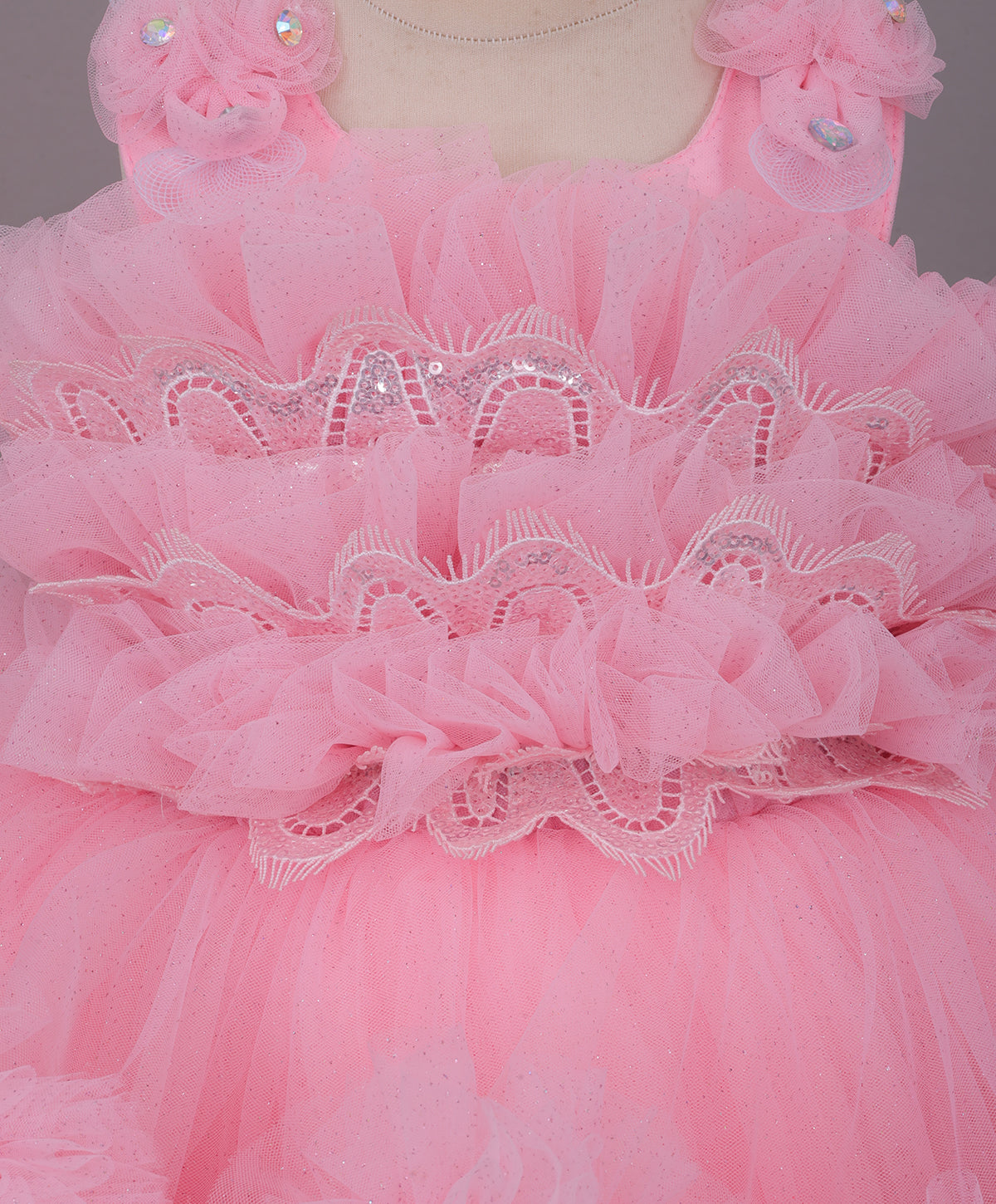 Enfance Sleeveless Floral Applique Detailed Ruffle Net Dress - Peach