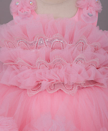 Enfance Sleeveless Floral Applique Detailed Ruffle Net Dress - Peach