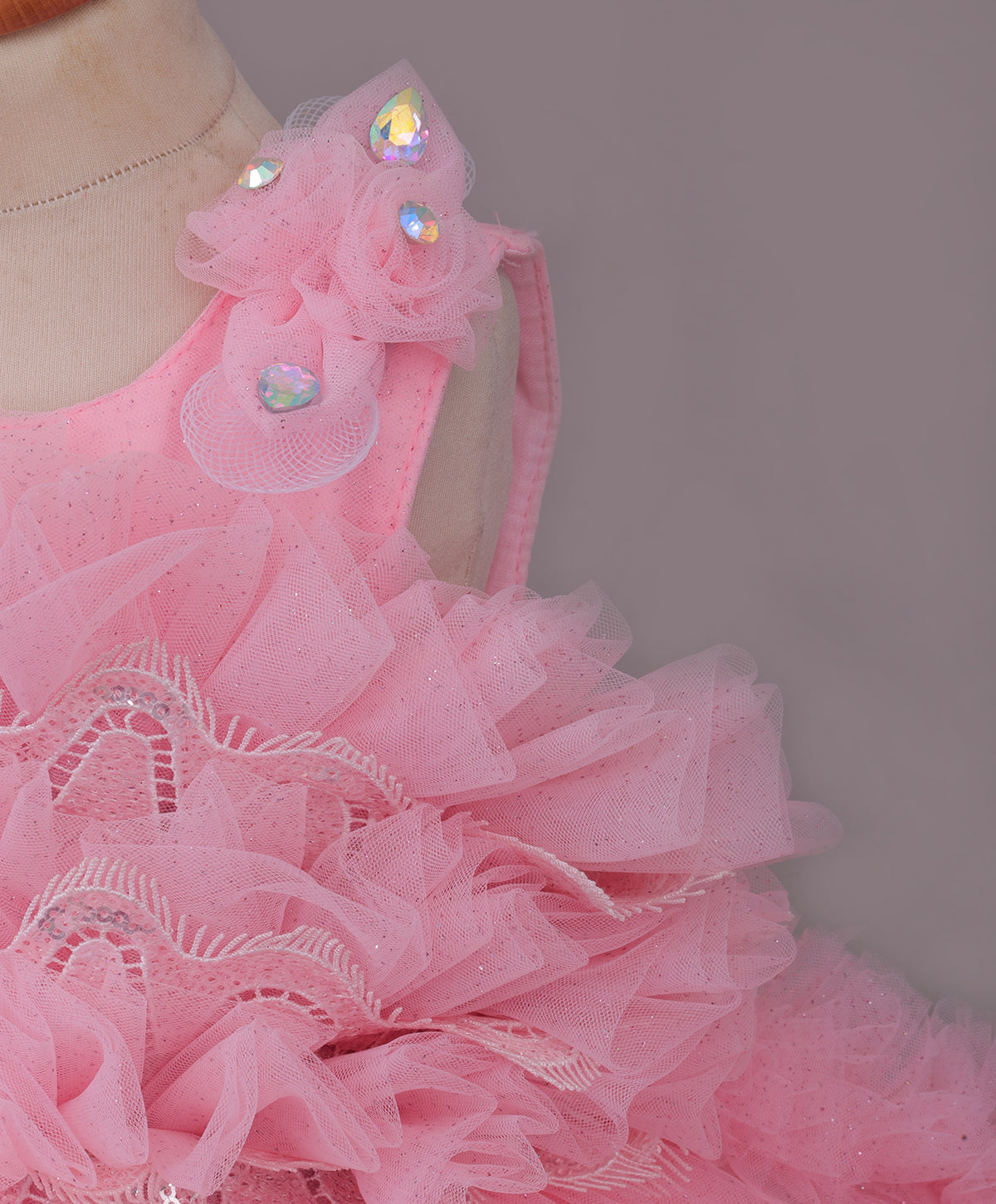 Enfance Sleeveless Floral Applique Detailed Ruffle Net Dress - Peach
