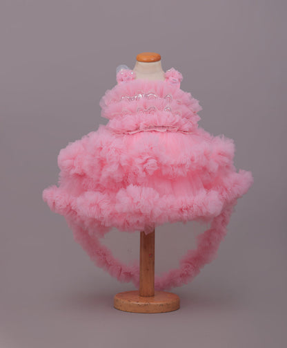 Enfance Sleeveless Floral Applique Detailed Ruffle Net Dress - Peach