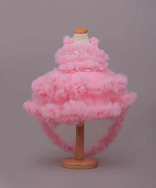 Enfance Sleeveless Floral Applique Detailed Ruffle Net Dress - Peach