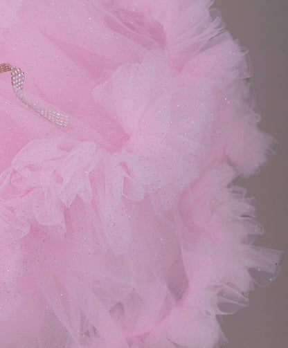 Enfance Sleeveless Mesh Party Frock with Floral Applique - Pink