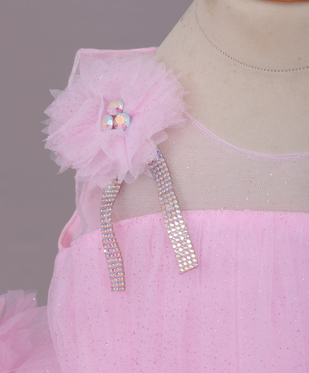 Enfance Sleeveless Mesh Party Frock with Floral Applique - Pink