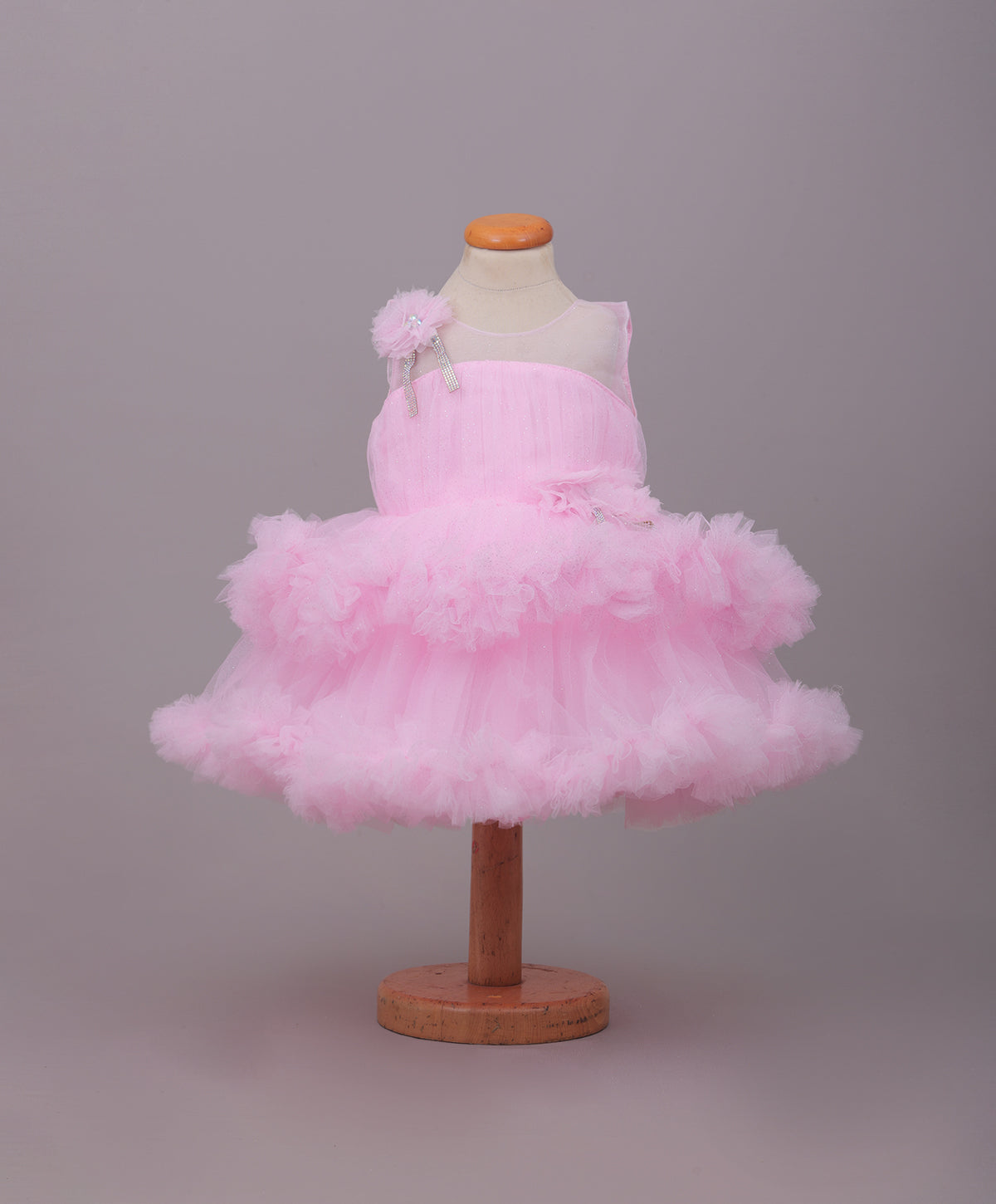 Enfance Sleeveless Mesh Party Frock with Floral Applique - Pink