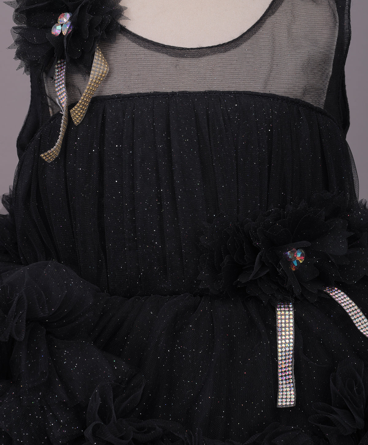 Enfance Sleeveless Floral Applique Net Dress - Black