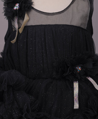 Enfance Sleeveless Floral Applique Net Dress - Black
