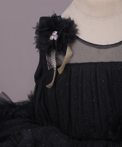 Enfance Sleeveless Floral Applique Net Dress - Black
