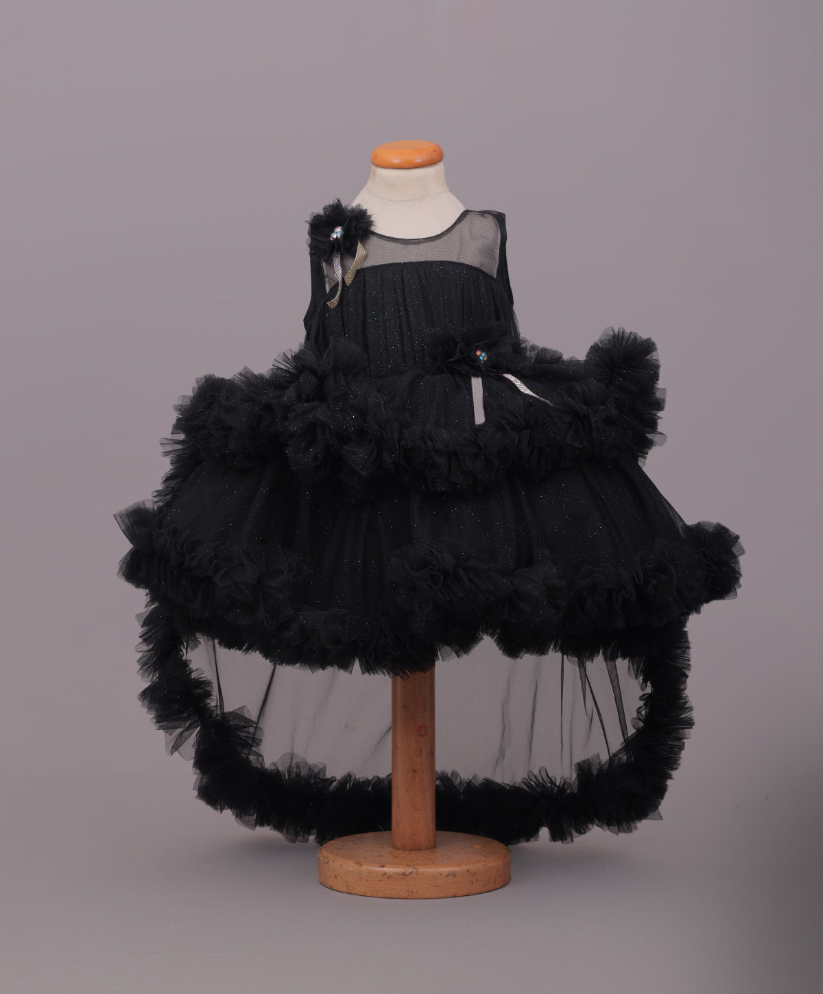 Enfance Sleeveless Floral Applique Net Dress - Black