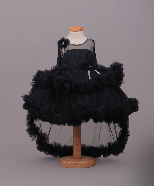 Enfance Sleeveless Floral Applique Net Dress - Black