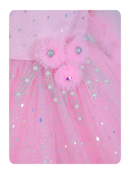 Enfance Sleeveless Sequins Embellished Layered Party Net Dress - Pink