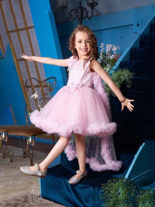 Enfance Sleeveless Sequins Embellished Layered Party Net Dress - Pink