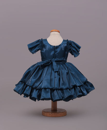 Enfance Half Sleeves Party Frock Floral Applique Frill Detailing - P.Blue