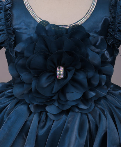 Enfance Half Sleeves Party Frock Floral Applique Frill Detailing - P.Blue