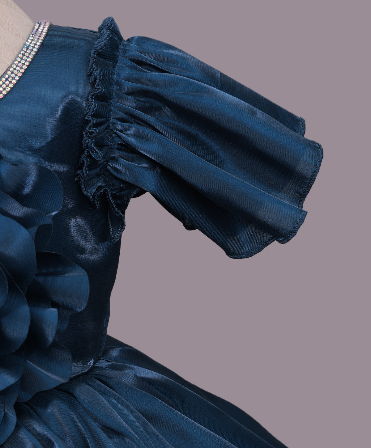 Enfance Half Sleeves Party Frock Floral Applique Frill Detailing - P.Blue