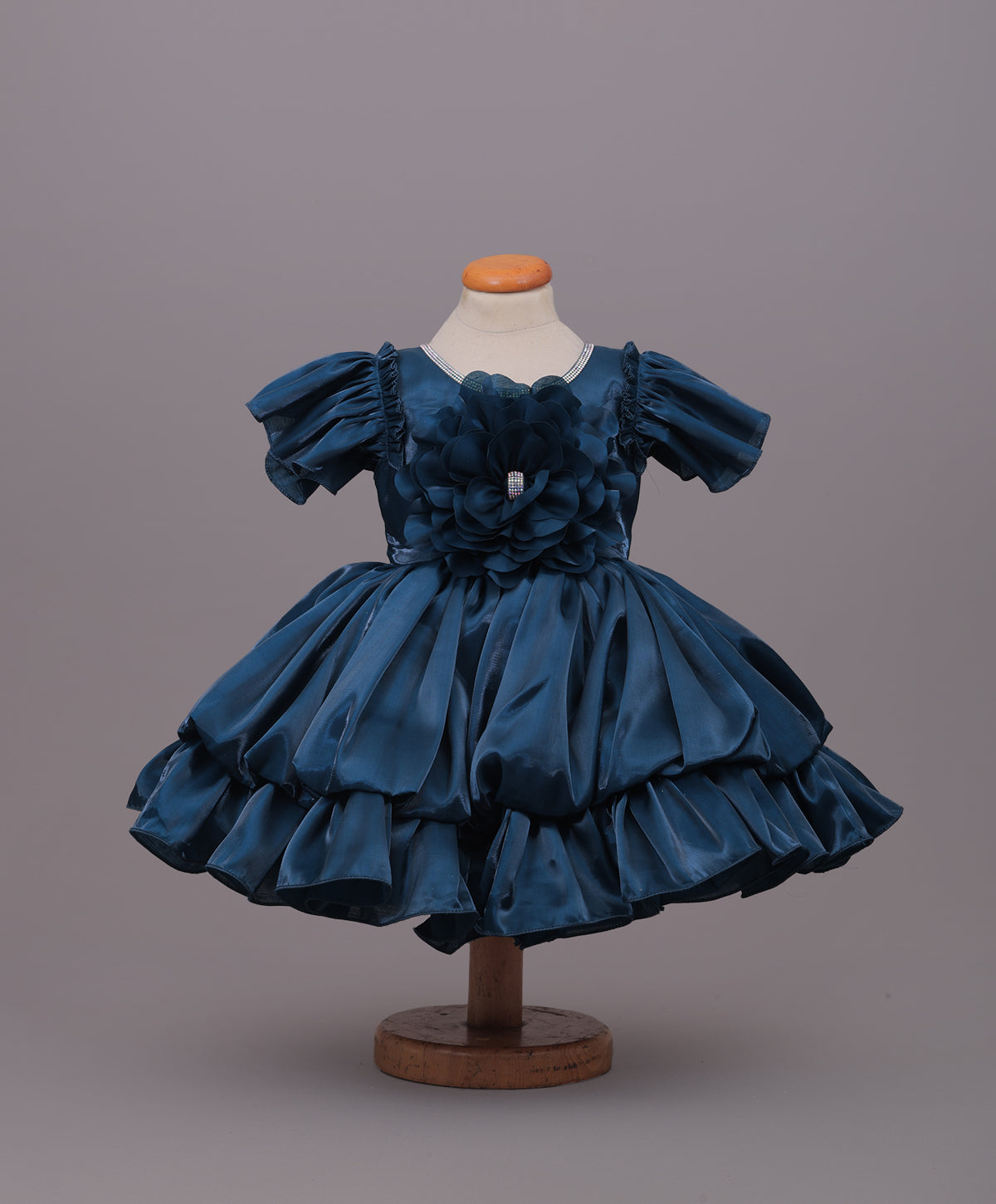 Enfance Half Sleeves Party Frock Floral Applique Frill Detailing - P.Blue