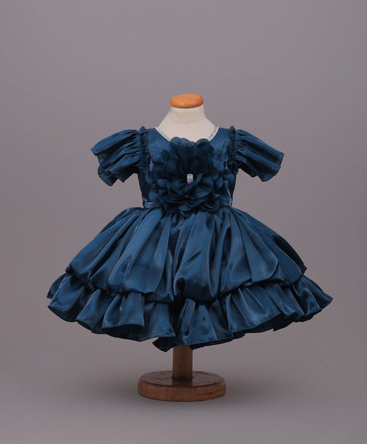 Enfance Half Sleeves Party Frock Floral Applique Frill Detailing - P.Blue