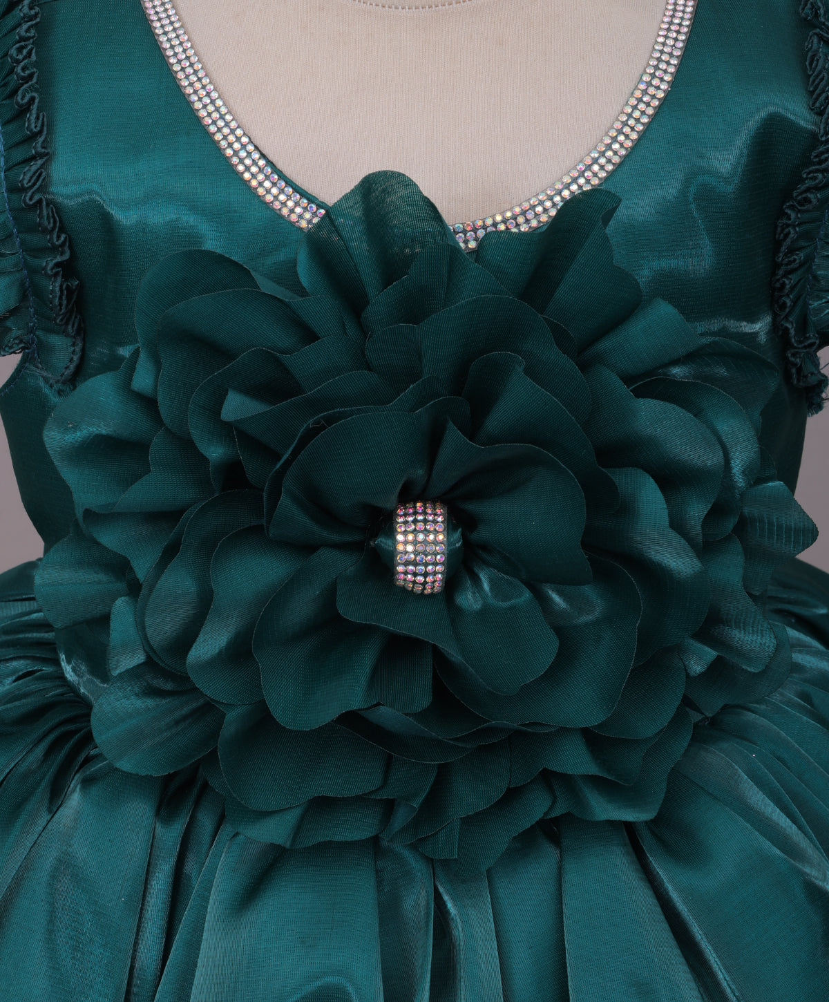 Enfance Half Sleeves Party Frock Floral Applique Frill Detailing - Bottle Green