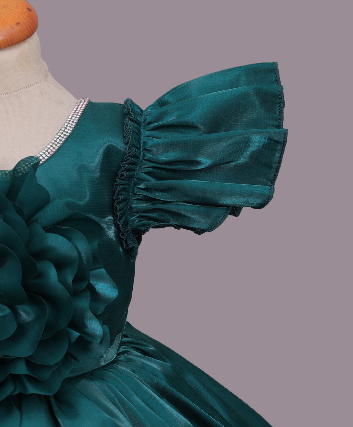 Enfance Half Sleeves Party Frock Floral Applique Frill Detailing - Bottle Green