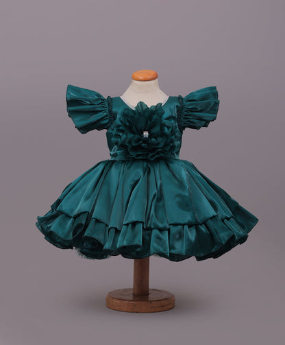 Enfance Half Sleeves Party Frock Floral Applique Frill Detailing - Bottle Green