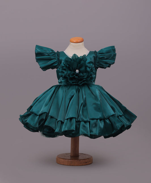Enfance Half Sleeves Party Frock Floral Applique Frill Detailing - Bottle Green