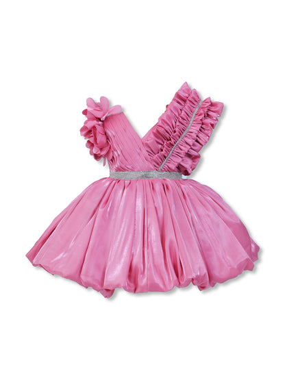 Enfance One Shoulder Floral Applique & Beads Embellished Net Dress - Onion Pink