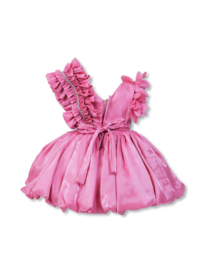 Enfance One Shoulder Floral Applique & Beads Embellished Net Dress - Onion Pink