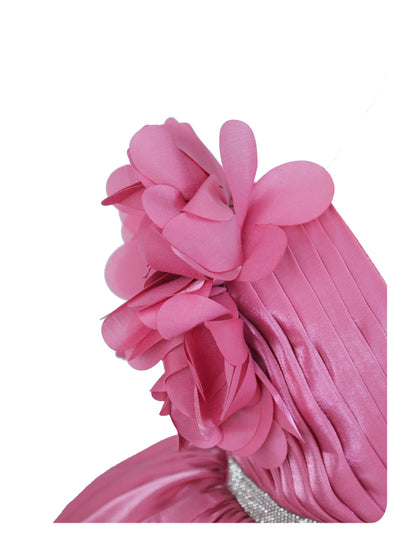 Enfance One Shoulder Floral Applique & Beads Embellished Net Dress - Onion Pink