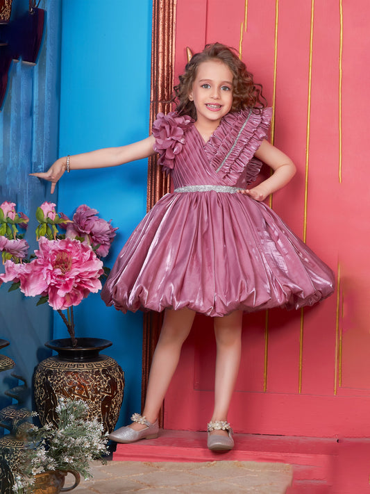 Enfance One Shoulder Floral Applique & Beads Embellished Net Dress - Onion Pink