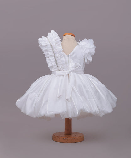 Enfance One Shoulder Floral Applique & Beads Embellished Net Dress - White