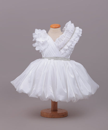 Enfance One Shoulder Floral Applique & Beads Embellished Net Dress - White