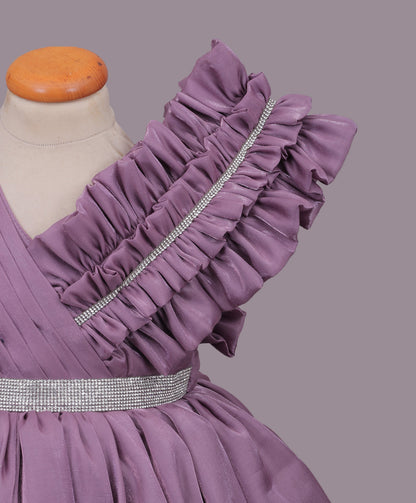 Enfance One Shoulder Floral Applique & Beads Embellished Net Dress - Mauve