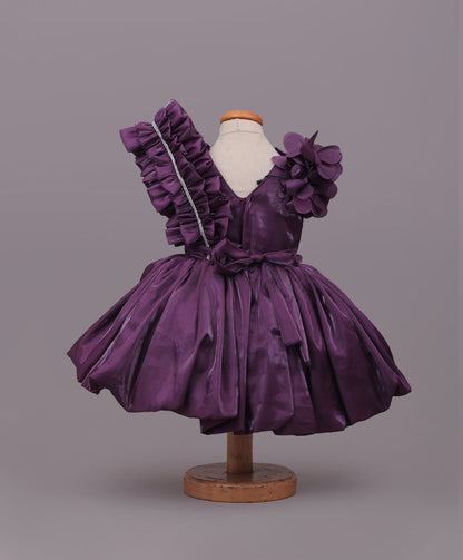 Enfance One Shoulder Floral Applique & Beads Embellished Net Dress - Purple