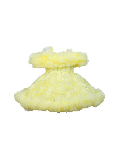 Enfance Sleeveless Sequin Embellished Net Detailed Layered Dress - Lemon