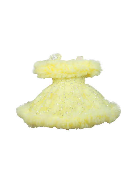 Enfance Sleeveless Sequin Embellished Net Detailed Layered Dress - Lemon