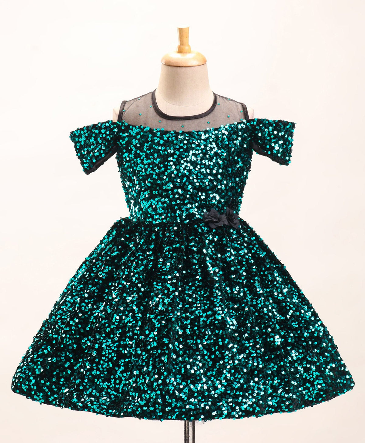 Enfance Cold Shoulder  Solid Flared Dress-S.Green