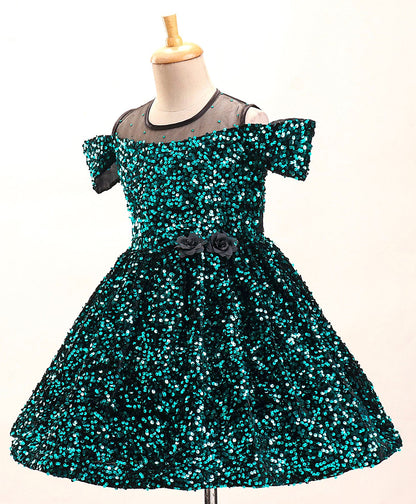 Enfance Cold Shoulder  Solid Flared Dress-S.Green