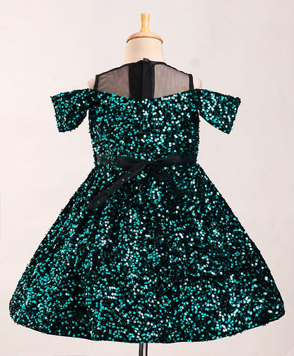 Enfance Cold Shoulder  Solid Flared Dress-S.Green