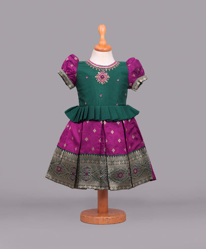 Enfance Half Sleeves Floral Beads Embellished & Ethnic Motif Printed Flare Silk Dress - Purple