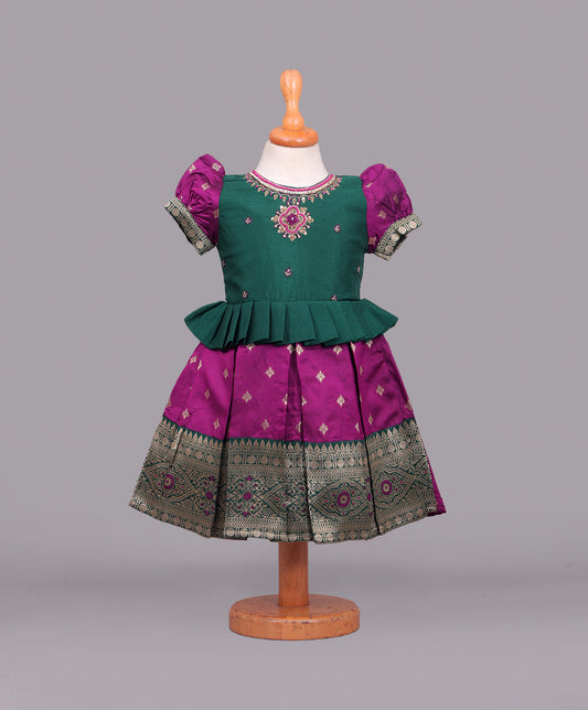 Enfance Half Sleeves Floral Beads Embellished & Ethnic Motif Printed Flare Silk Dress - Purple