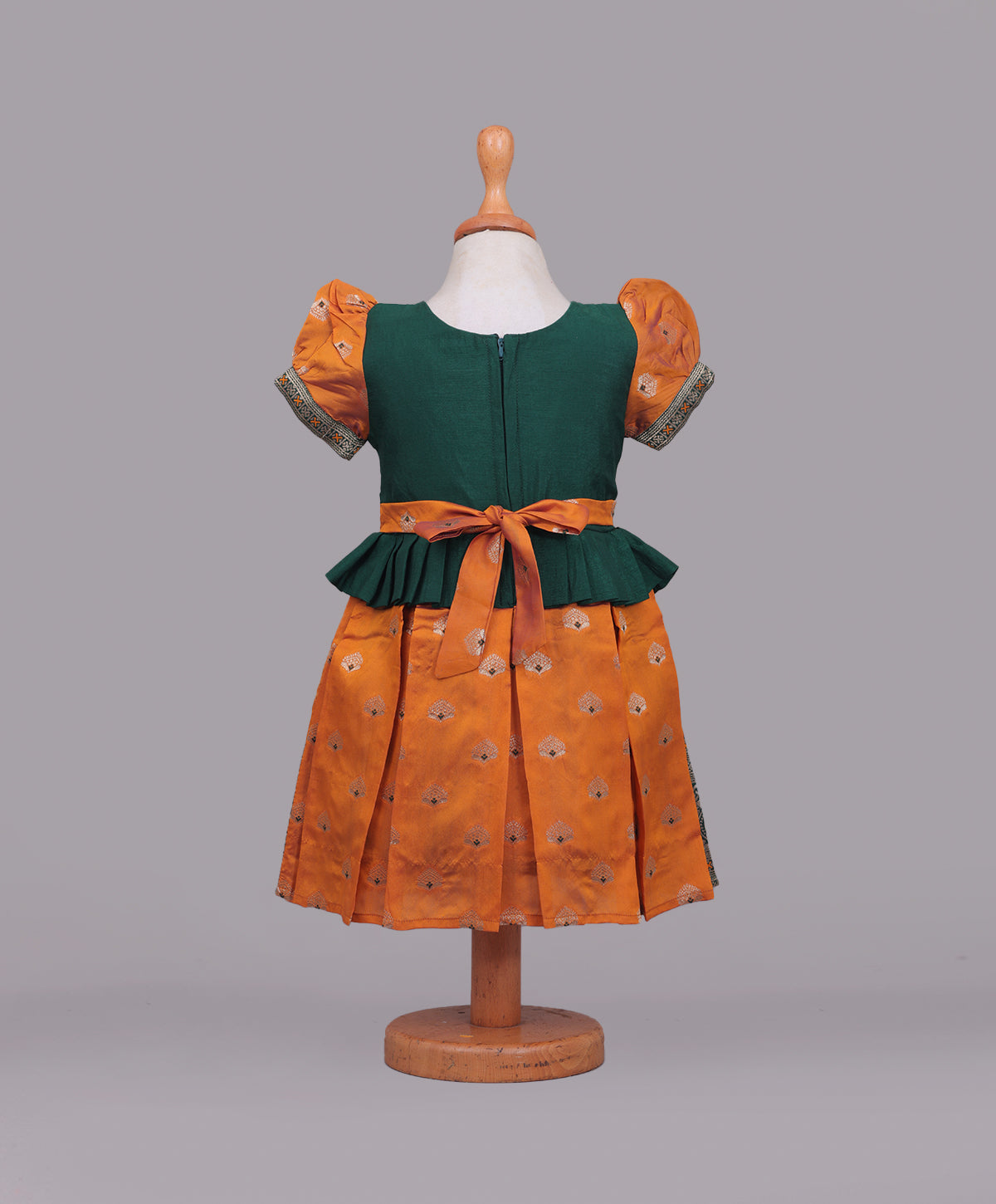 Enfance Half Puffed Sleeves Beads Embellished & Floral Woven Designed Flare Dress - Mustard