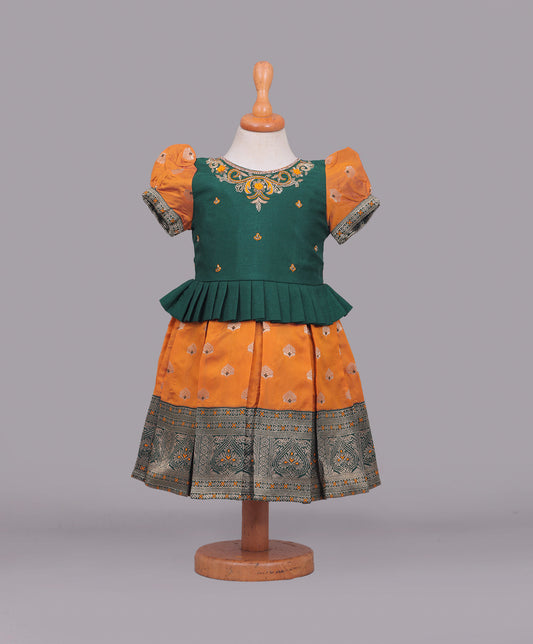 Enfance Half Puffed Sleeves Beads Embellished & Floral Woven Designed Flare Dress - Mustard
