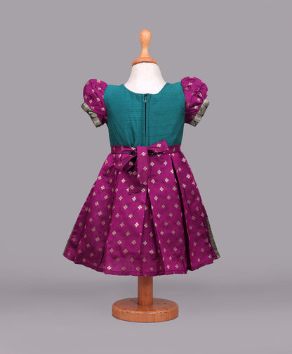 Enfance Puff Sleeves Floral Embroidered Pattu Pavadai Box Pleated Dress - Purple