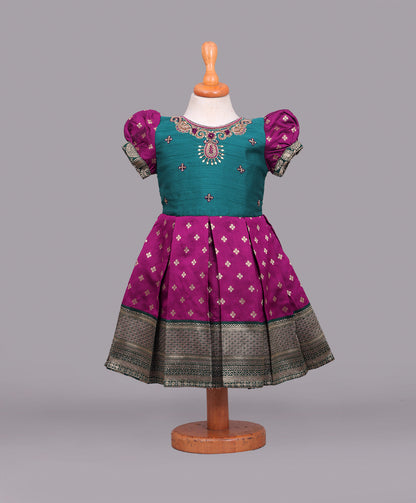 Enfance Puff Sleeves Floral Embroidered Pattu Pavadai Box Pleated Dress - Purple