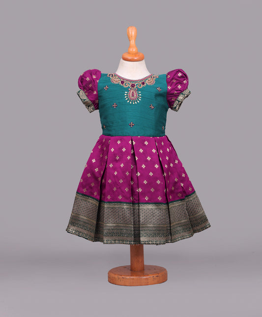 Enfance Puff Sleeves Floral Embroidered Pattu Pavadai Box Pleated Dress - Purple