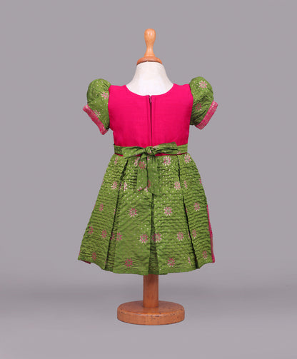 Enfance Half Puffed Sleeves Floral Embroidered Box Pleated Dress - P.Green
