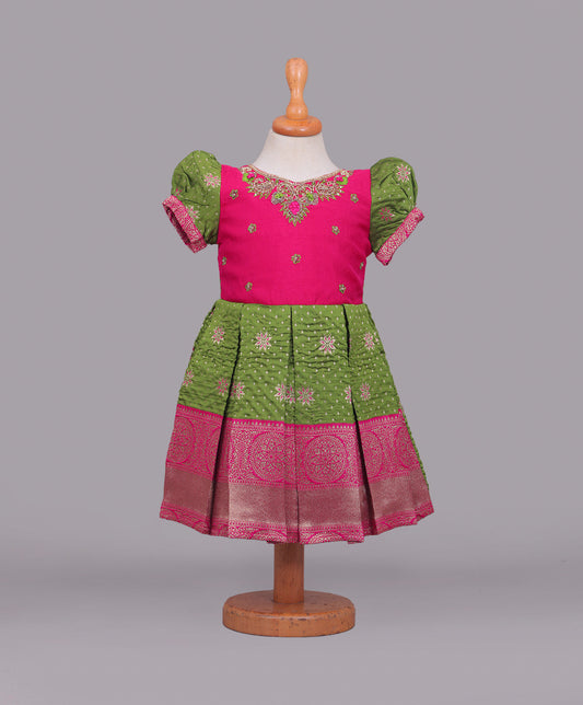 Enfance Half Puffed Sleeves Floral Embroidered Box Pleated Dress - P.Green