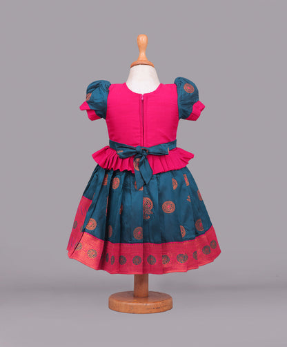 Enfance Half Puffed Sleeves Placement Beads Embellished & Paisley Foil Printed Box Pleated Dress - D.Green