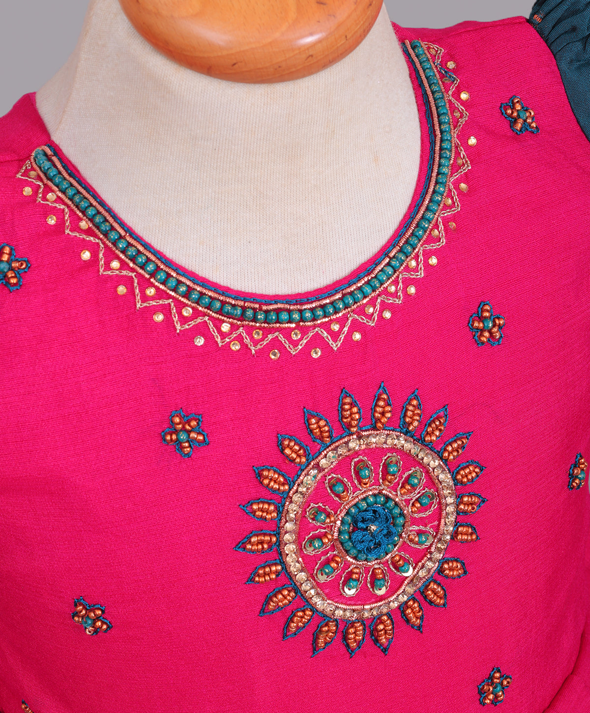 Enfance Half Puffed Sleeves Placement Beads Embellished & Paisley Foil Printed Box Pleated Dress - D.Green