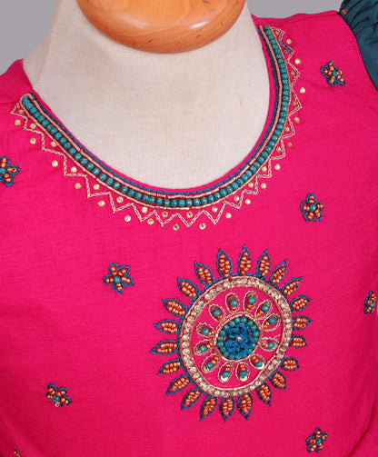 Enfance Half Puffed Sleeves Placement Beads Embellished & Paisley Foil Printed Box Pleated Dress - D.Green